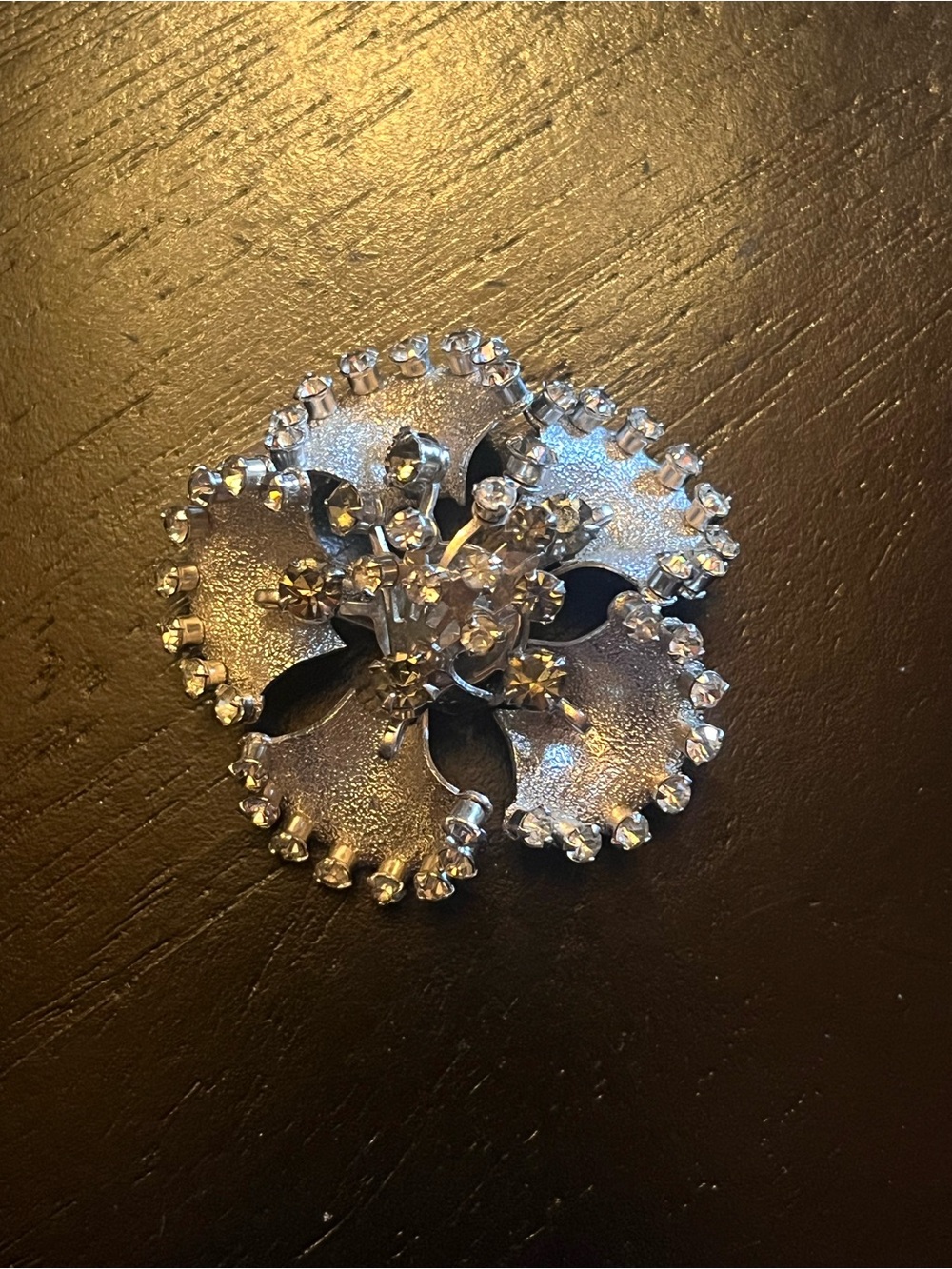 Vintage Silver Tone Crystal Flower Brooch